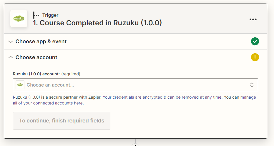 Zapier trigger setup for Ruzuku course completions